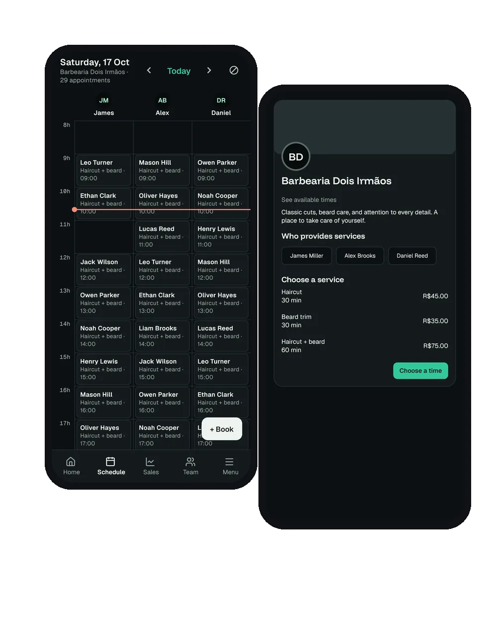 HairPay: the day's schedule and a salon's booking page
